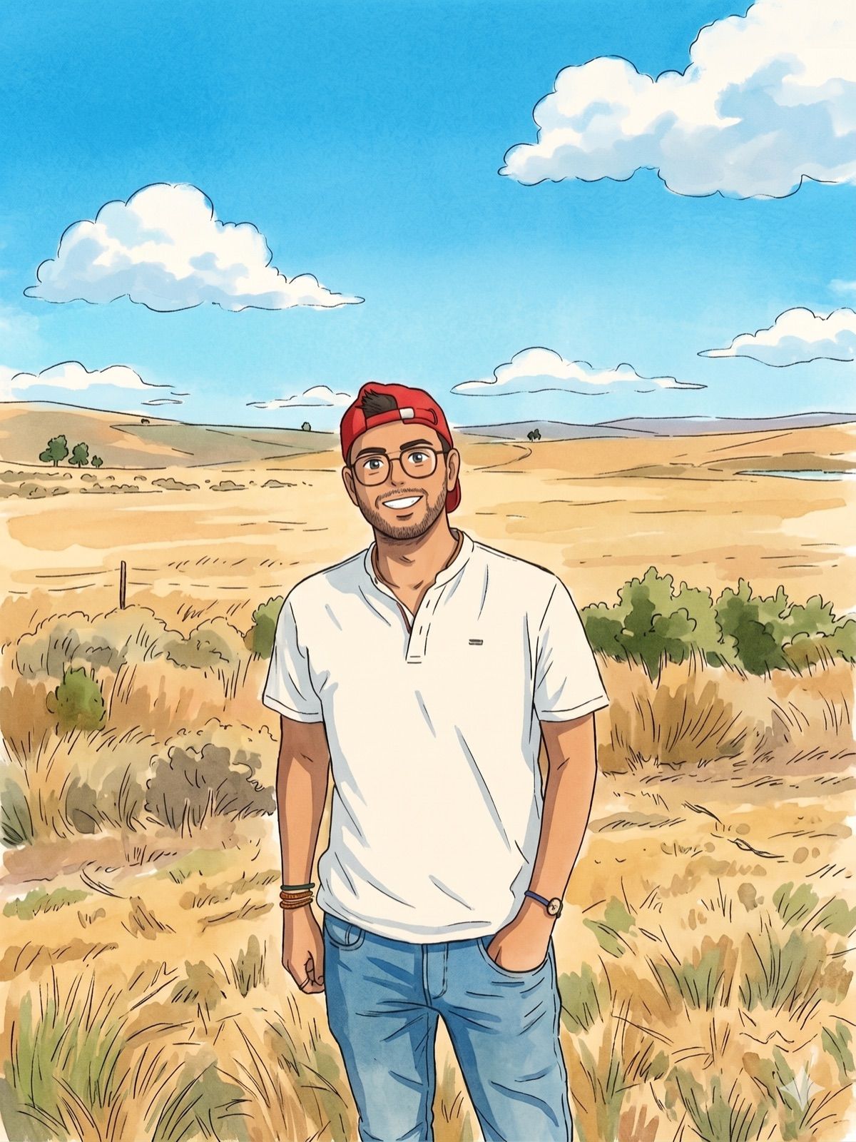 Watercolor-style illustration of Prateek in a golden field under a blue sky, wearing a red cap backwards, glasses and a white tee, smiling.